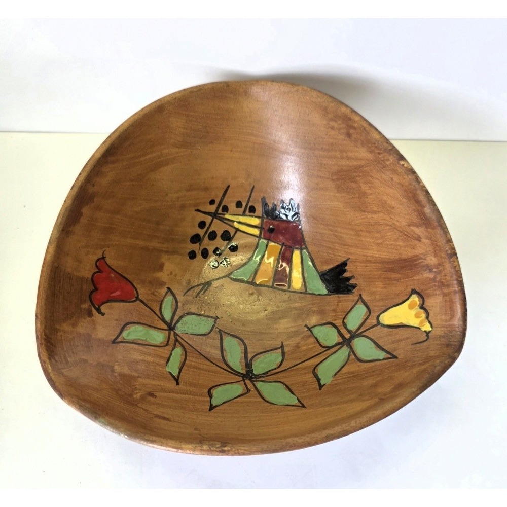 Vintage Hand Painted Ceramic Bowl Folk Art Bird Floral Rustic Fruit Decorative - Picture 1 of 6